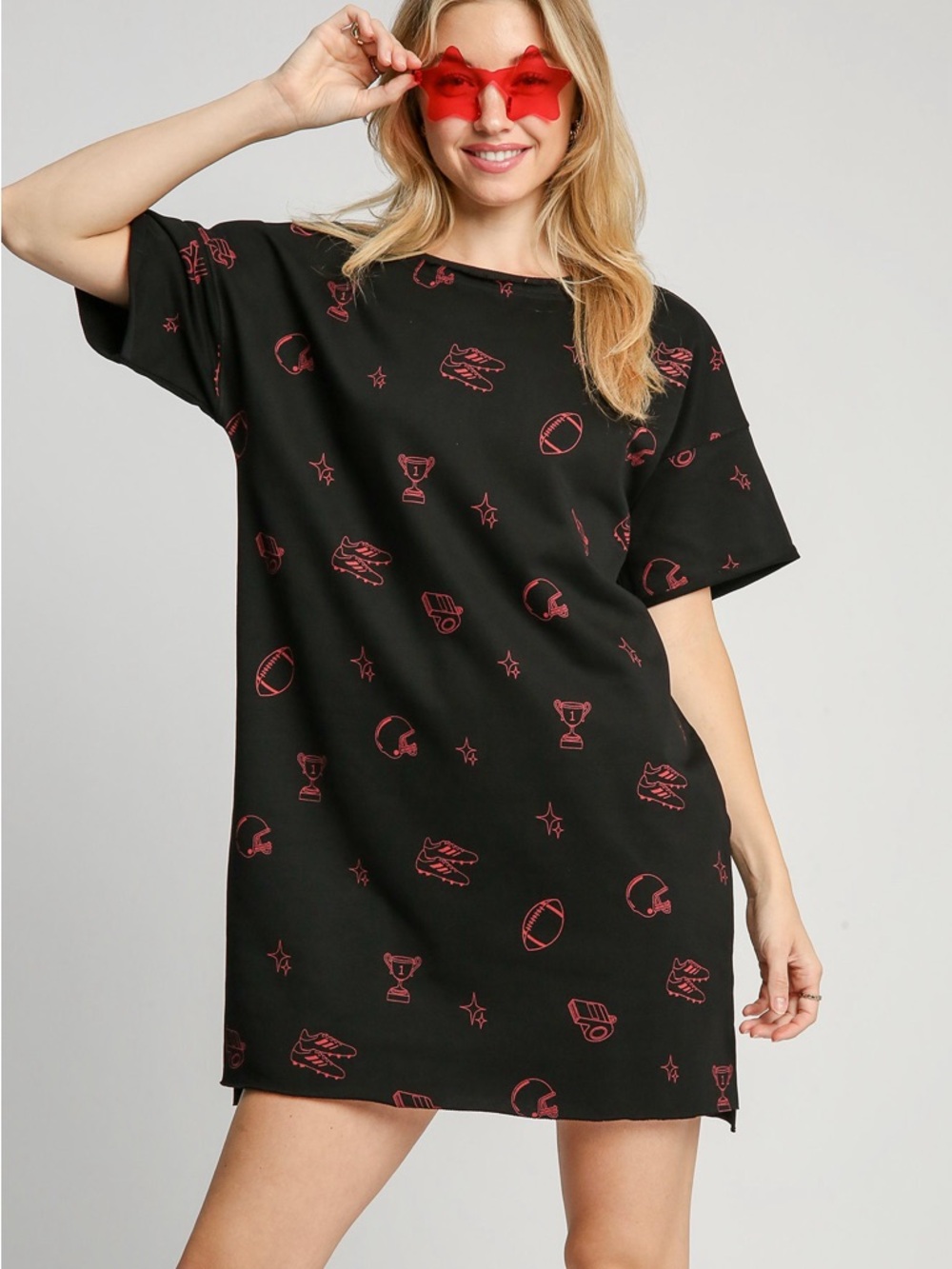 Umgee Black Mini Dress with Red Sports Icon Prints